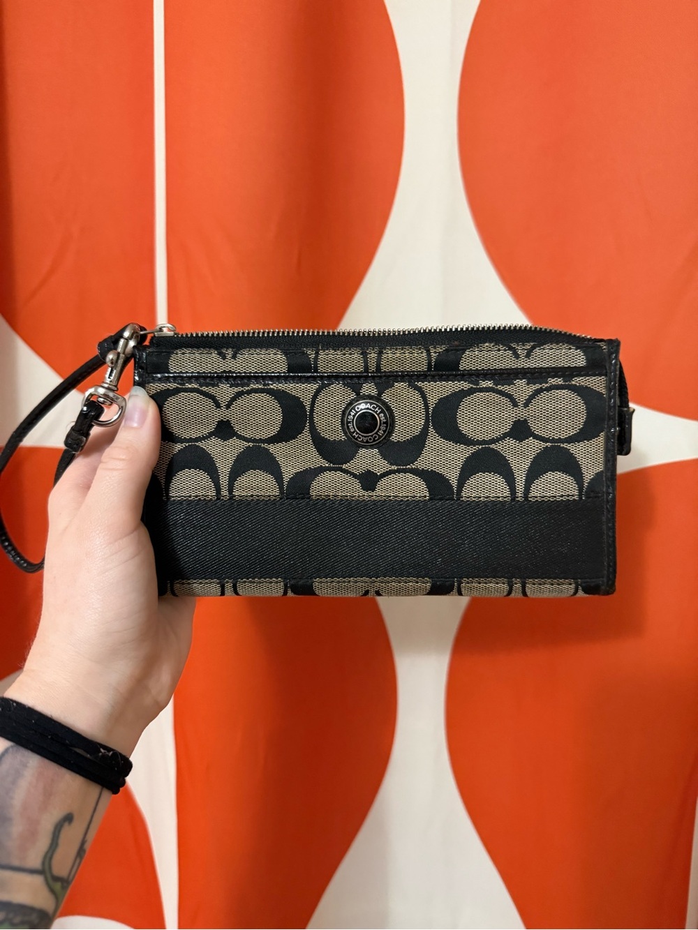 Coach Black and Tan Signature Canvas Wristlet